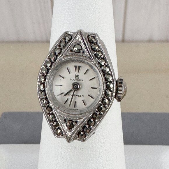 Vintage Swiss Bucherer 800 Silver Marcasite Ring Watch - Picture 1 of 14